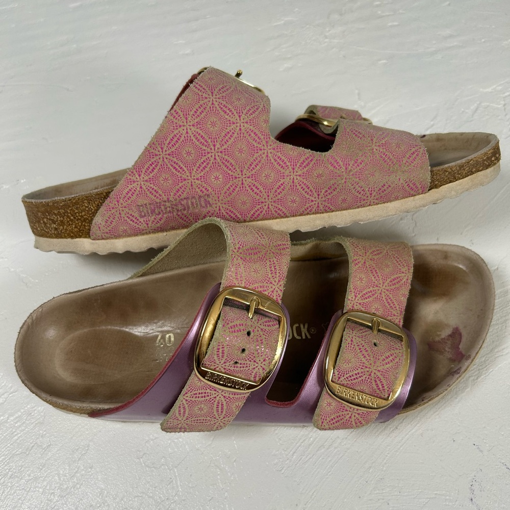 Birkenstock Pink Floral and Metallic Arizona Sandals Large Buckle US 9-9.5